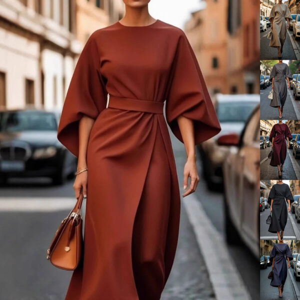 Loose Batwing Sleeve Dress Fashion Waist-tighted Solid Color Elegant Dresses For Women Clothing - Image 8